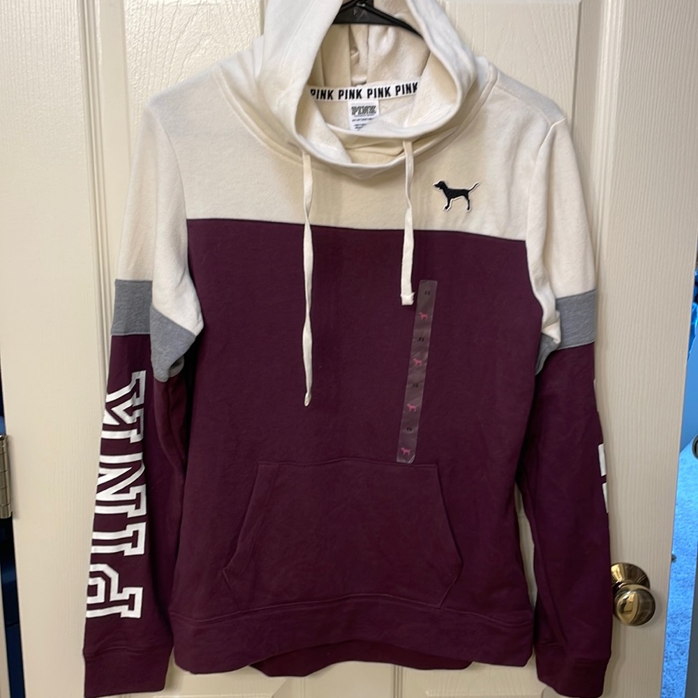 VS PINK grey white maroon pullover hoodie. SZ XS. NWT
